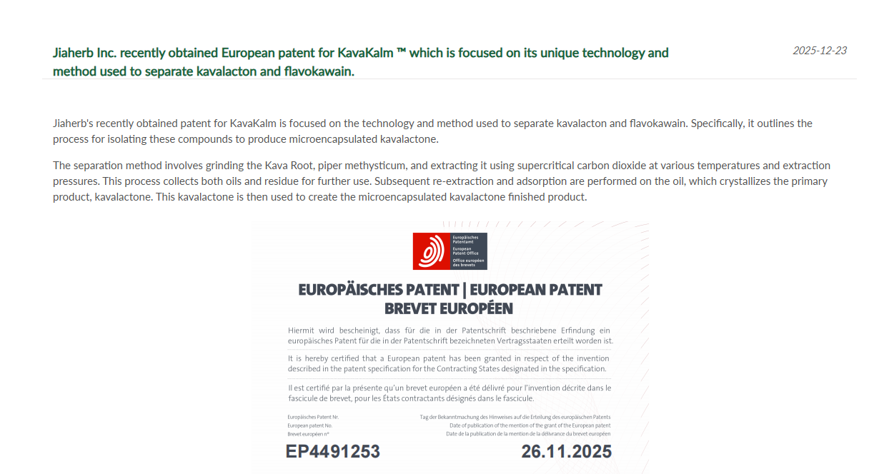 JIAHERB obtains European patent for KavaKalm™